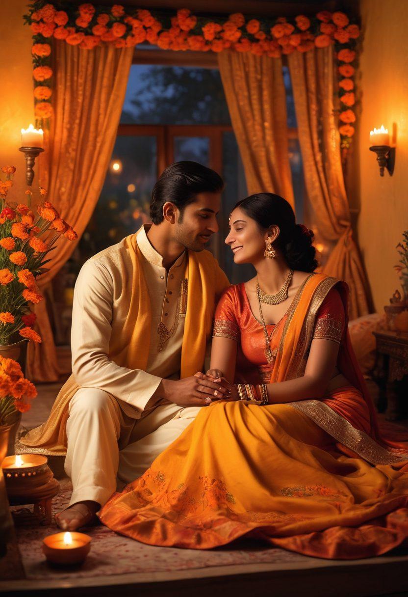 A serene couple enjoying a peaceful moment together in a beautifully decorated traditional Indian setting, surrounded by warm candlelight and intricate decorations. Show vibrant marigold flowers and soft fabrics draping the scene, creating an intimate atmosphere. Include subtle hints of traditional Indian art and the warm glow of twilight through a window. super-realistic. vibrant colors. warm lighting.