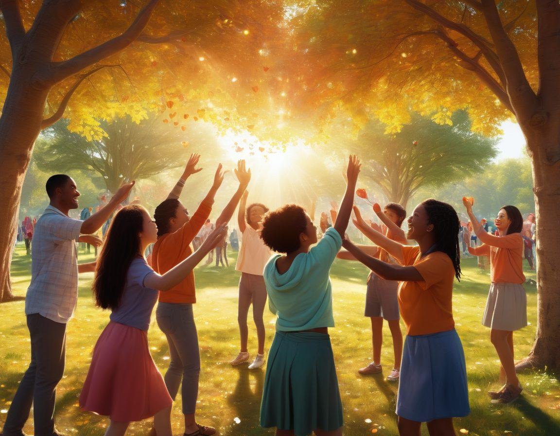A vibrant community gathering in a sunny park, showcasing diverse groups of people engaging in joyful activities like sharing food, playing games, and conversing. Light filters through trees, creating warm highlights on faces filled with happiness and connection. Include symbols of love and unity like hearts and linked hands scattered throughout the scene. super-realistic. vibrant colors. warm atmosphere.