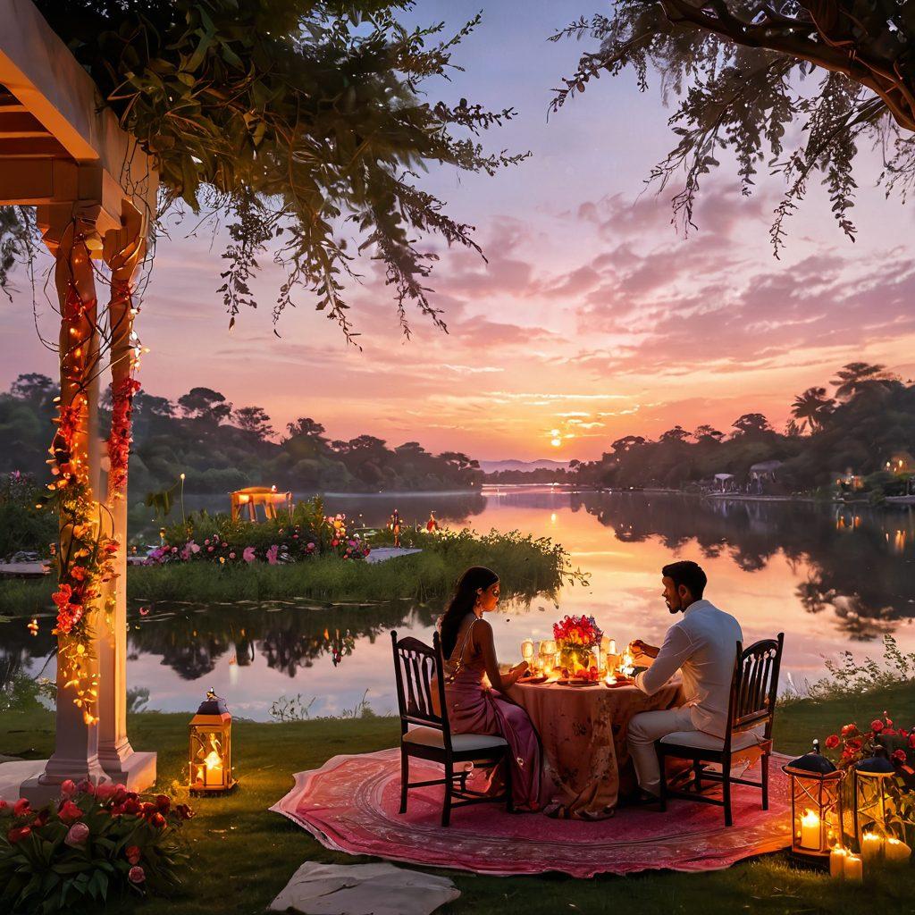 A serene Indian landscape at sunset, featuring an intimate couple enjoying a cozy dinner by a lakeside with soft candlelight, surrounded by lush greenery and twinkling fairy lights. The sky is painted in warm hues of orange and pink, casting a romantic glow over the scene. Incorporate elements of traditional Indian decor like vibrant textiles and aromatic flowers. super-realistic. vibrant colors. 3D.